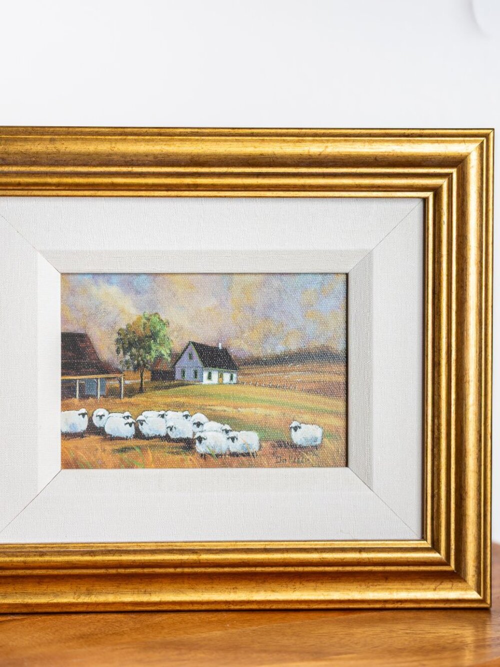 Vintage Signed Oil Painting on Canvas Framed Sheep Farmhouse Landscape